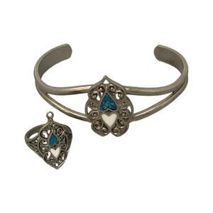 Vintage Silver Tone Ring with Turquoise Chips and Turquoise Cuff Bracelet Set